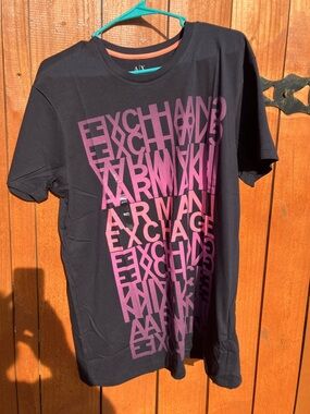 Armani Exchange Black Short-Sleeve Tee with Pink Gradient Logo